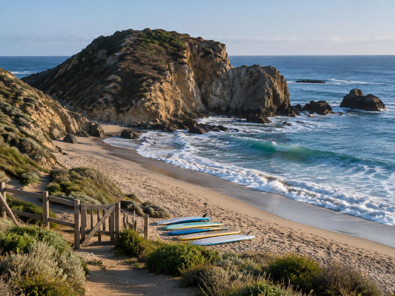 Soft-top surfboards ready on the sand at a quiet Malibu cove