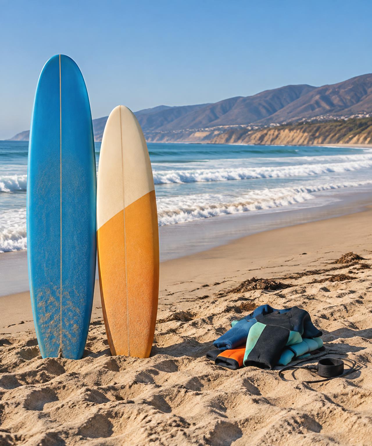 Surfboards and wetsuits set out beside the waves at Zuma Beach